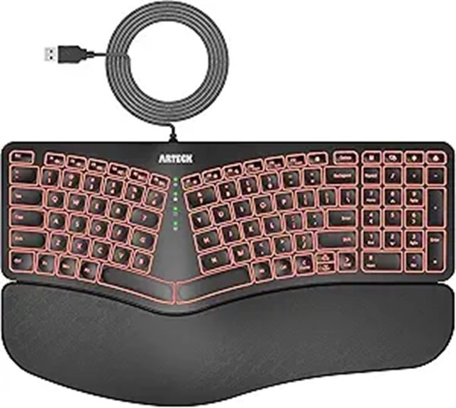 Arteck Ergonomic Backlit Wired Keyboard with Wrist Rest