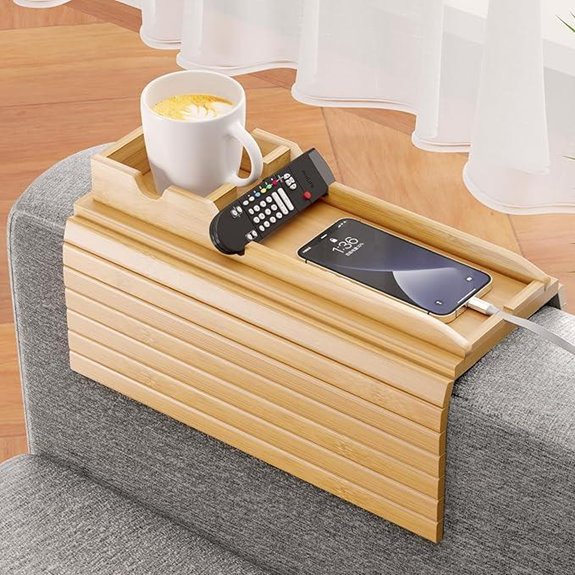 Bamboo Sofa Armrest Tray with Cup Holder