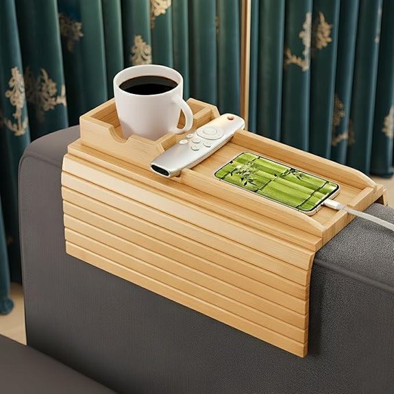 Bamboo Couch Arm Tray with Detachable & Anti-Slip Design
