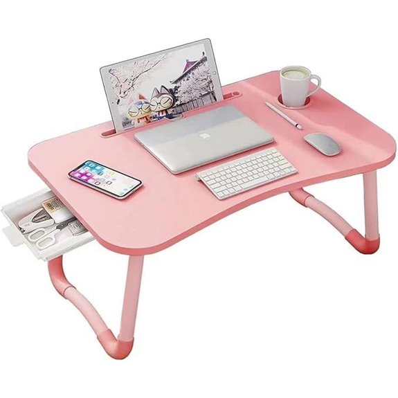 Foldable Pink Laptop Bed Desk with Storage and Cup Holder