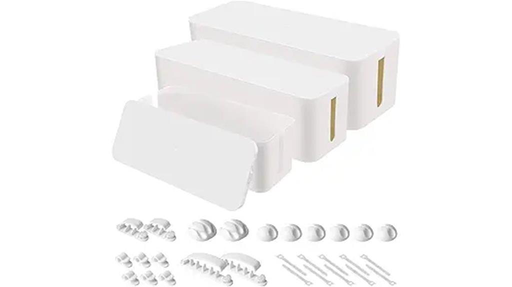 three cable organizer boxes